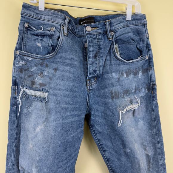 PURPLE BRAND Ripped Knee Blowout Slim Jeans Blue Distressed Denim P002 Size 34 - Picture 2 of 10